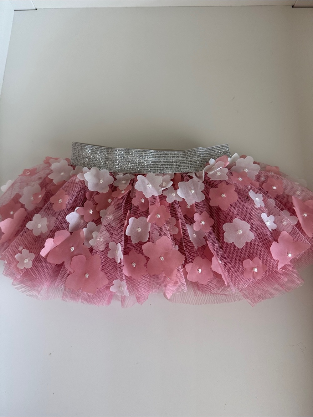 Girls Pink Floral Tulle Skirt with Silver Elastic Waistband